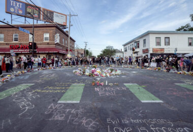 Flowers placed at the middle of 38th and Chicago in South Minneapolis.