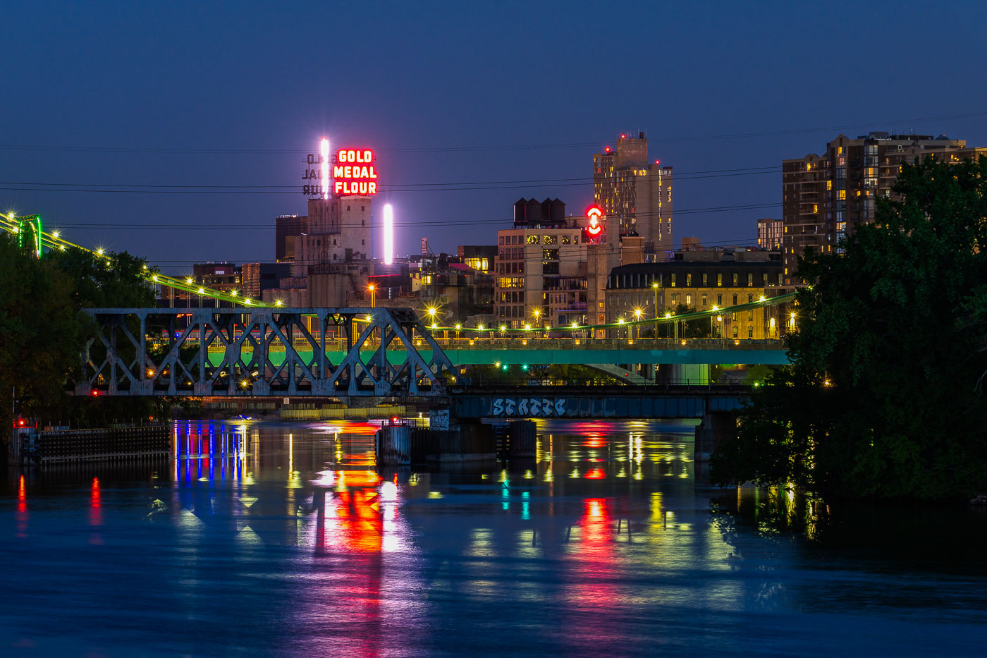 Gold Medal Flour seen from Boom Island in May 2020