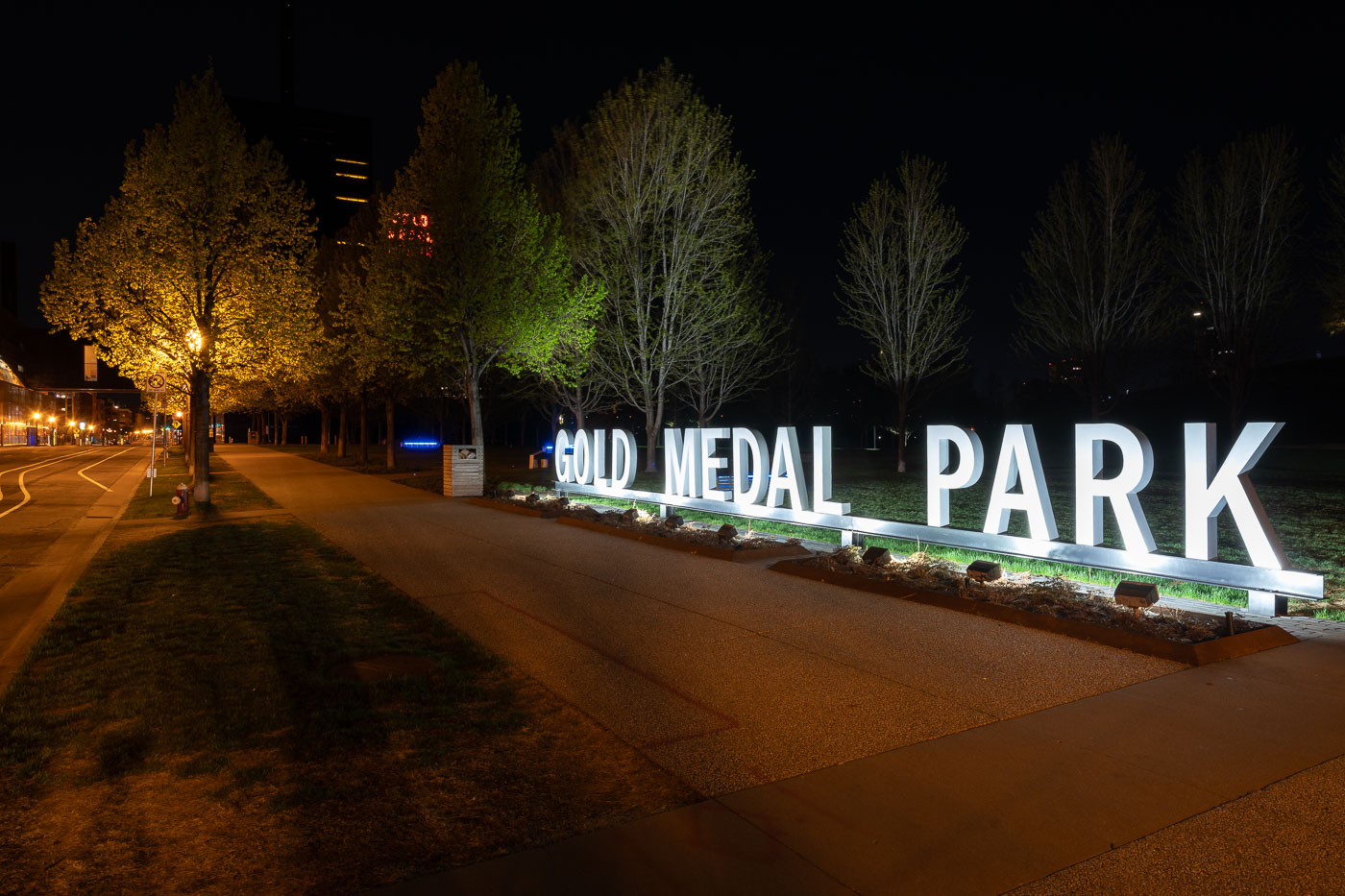 Gold Medal Park sign in Downtown Minneapolis park