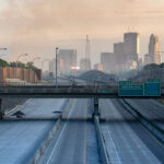 A hazy sky on I-35W on May 30, 2020 following a night of fires in Minneapolis after 4 days of protests in Minneapolis following the death of George Floyd.