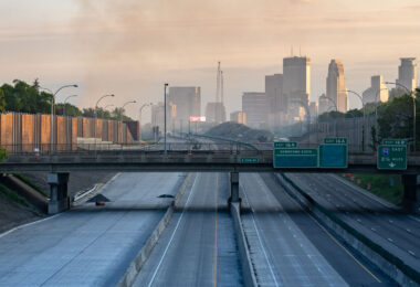 A hazy sky on I-35W on May 30, 2020 following a night of fires in Minneapolis after 4 days of protests in Minneapolis following the death of George Floyd.