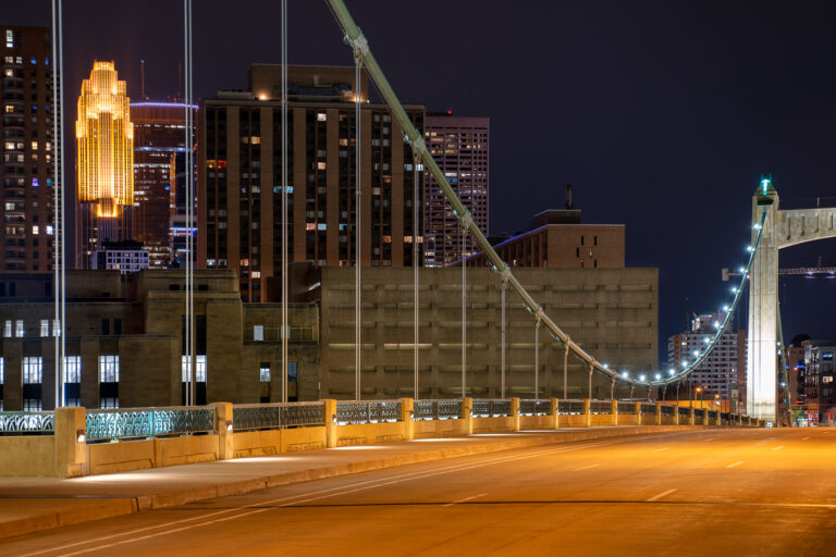 Hennepin Avenue Bridge in Minneapolis during covid 2 Hennepin Avenue Bridge in downtown Minneapolis during covid-19.