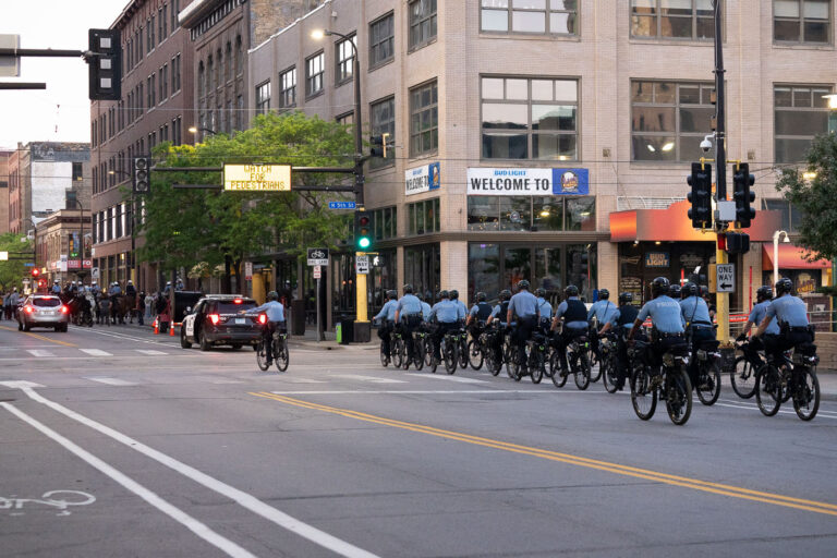 Minneapolis Police on bikes during the 3rd day protests 1 Minneapolis Police on bikes and Mounted Patrol in Downtown Minneapolis on the 3rd day of protests in Minneapolis following the death of George Floyd.