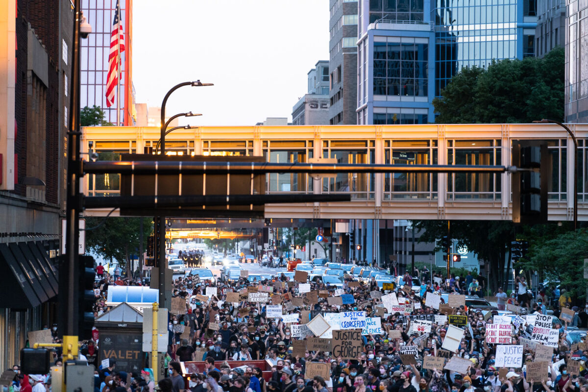 Protesters marching through downtown Minneapolis on the 3rd day of protests in Minneapolis following the death of George Floyd.