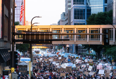 Protesters marching through downtown Minneapolis on the 3rd day of protests in Minneapolis following the death of George Floyd.