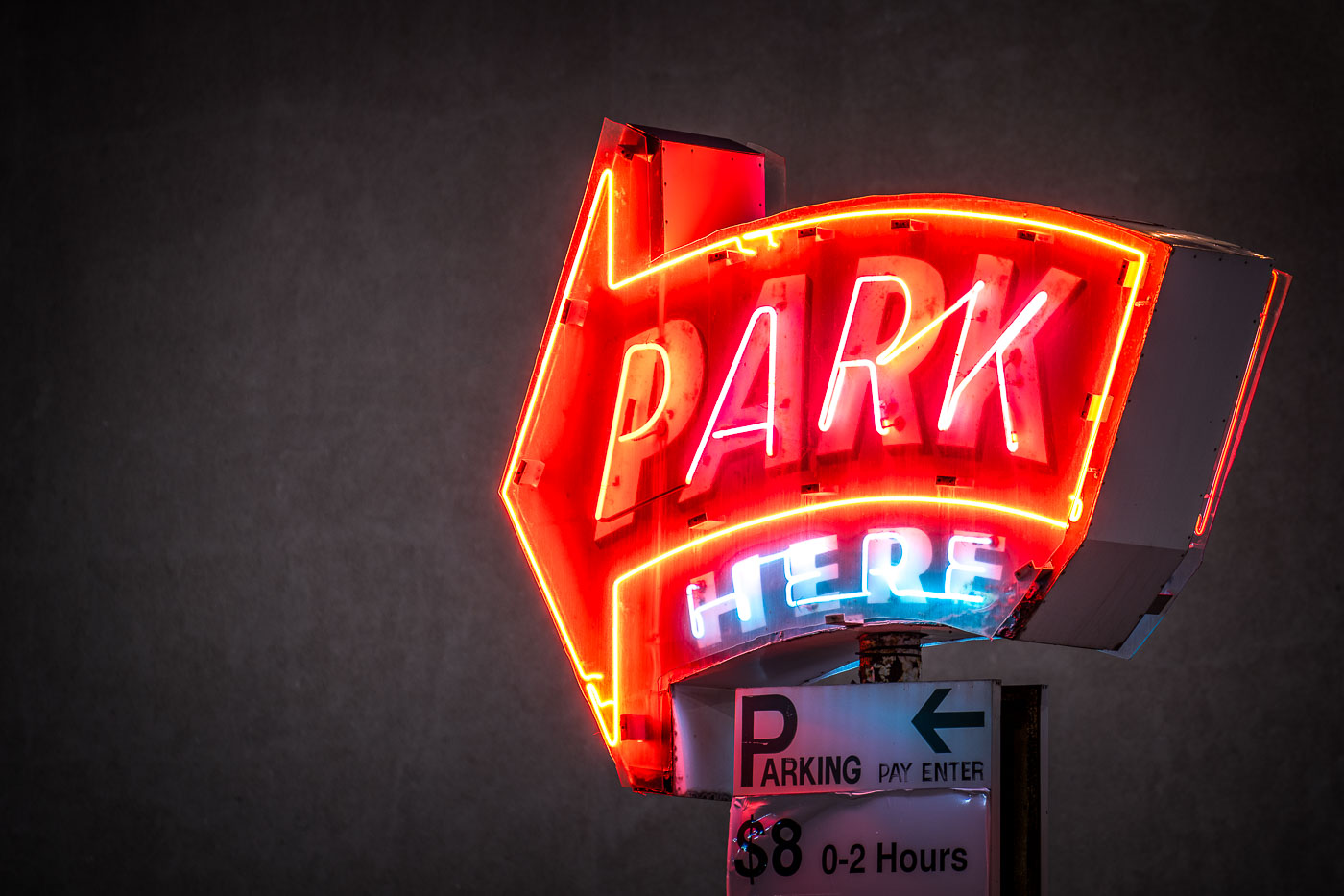 Lit up neon sign reading PARK HERE