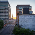 Looking down an empty S 10th St in downtown Minneapolis on May 29, 2020, the 4th day of protests in Minneapolis following the death of George Floyd.