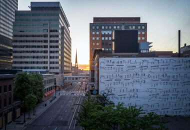 Looking down an empty S 10th St in downtown Minneapolis on May 29, 2020, the 4th day of protests in Minneapolis following the death of George Floyd.