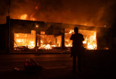 A building on fire on Lake Street in South Minneapolis on the 4th day of protests in Minneapolis following the death of George Floyd.