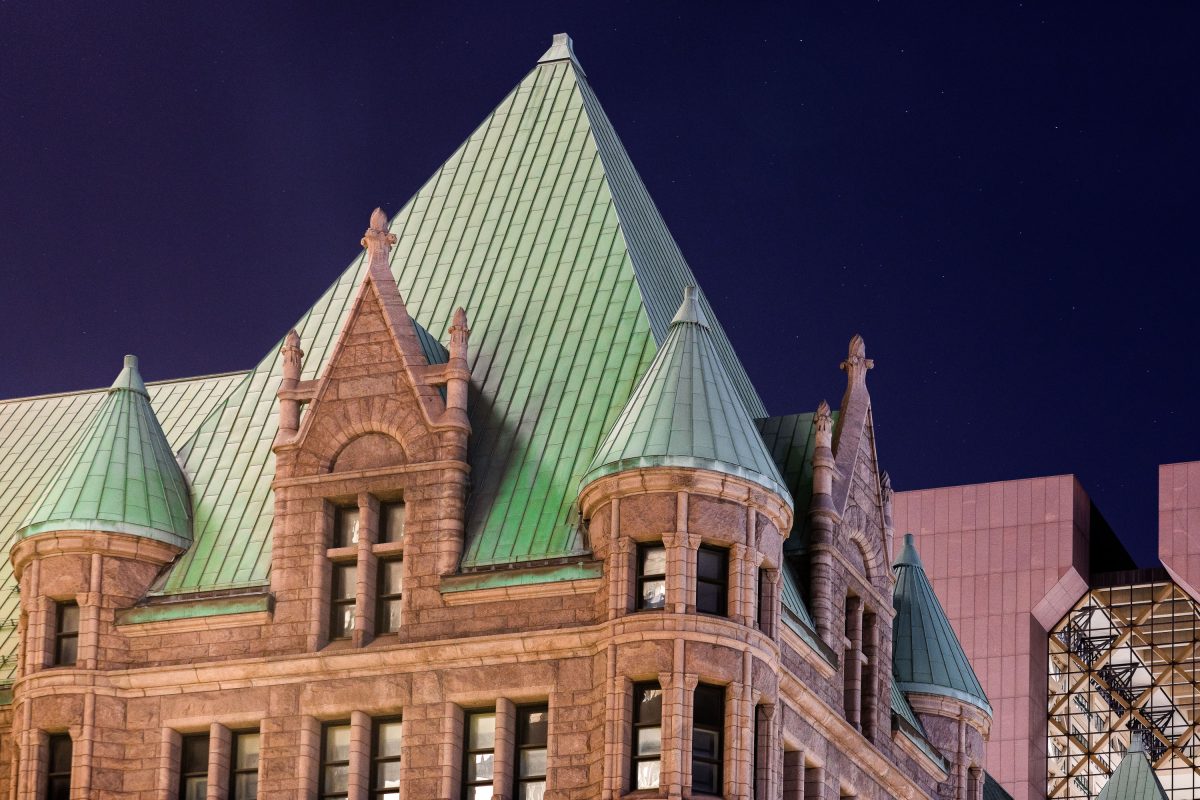 Minneapolis City Hall at night in May 2020