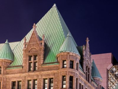 Minneapolis City Hall at night in May 2020