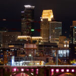 Tower cranes in downtown Minneapolis during constructon work on the 10th avenue bridge.