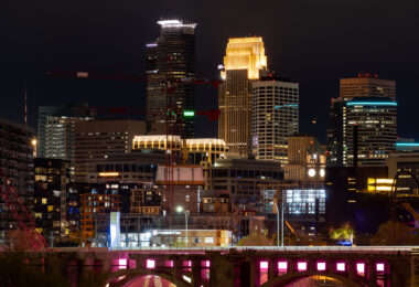 Tower cranes in downtown Minneapolis during constructon work on the 10th avenue bridge.