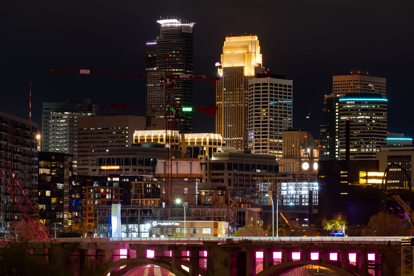 Tower cranes in downtown Minneapolis during constructon work on the 10th avenue bridge.