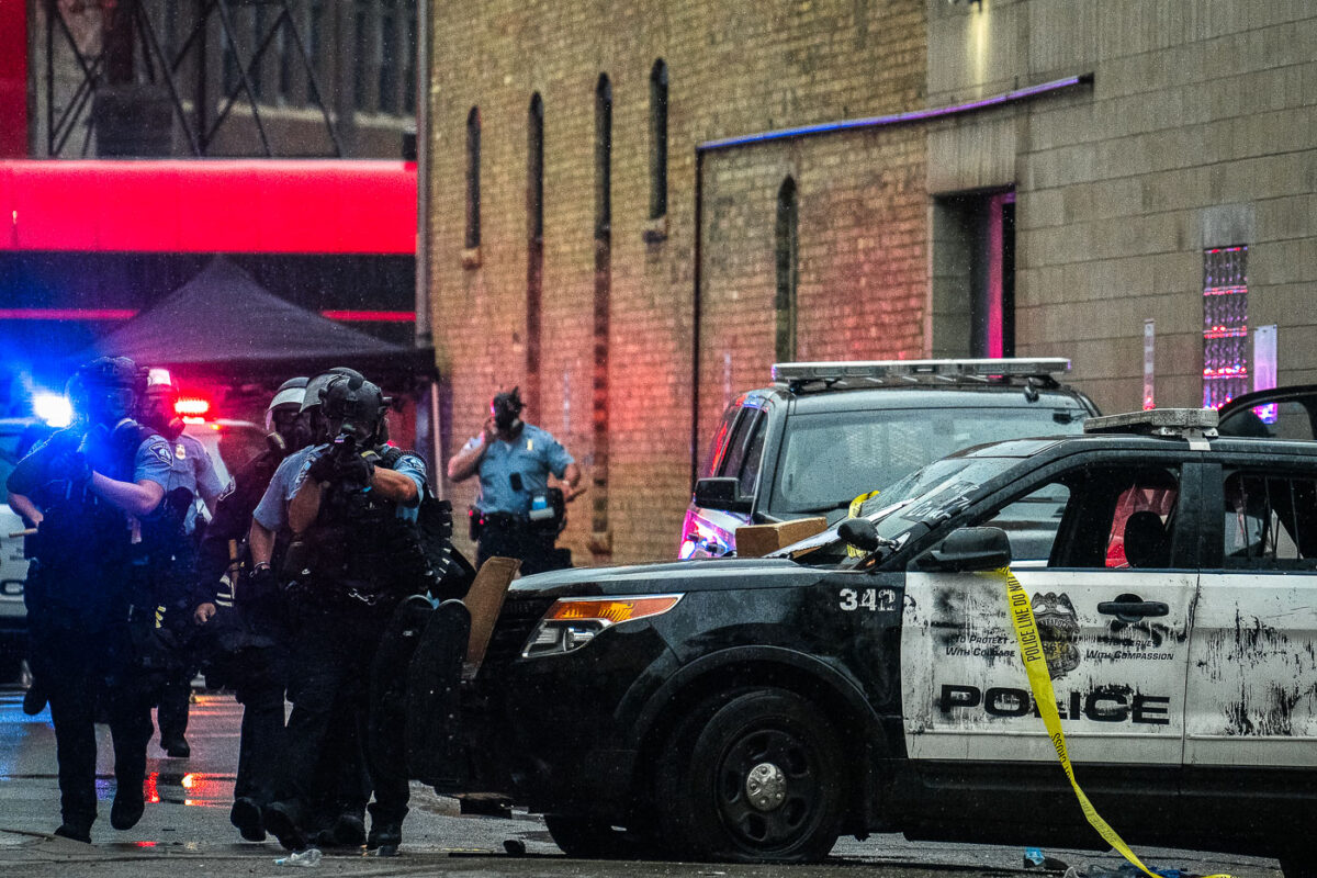 Minneapolis Police fire less lethal weapons pushing people away from the third precinct. Protesters marched from the site of George Floyd's death to the precinct.