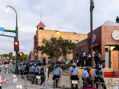 Minneapolis Police in riot gear at 3rd Precinct, Lake St