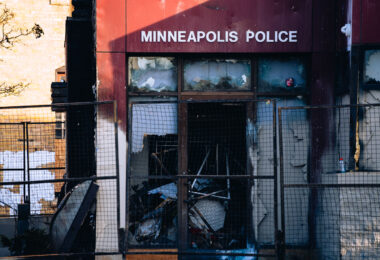The burned Minneapolis Police 3rd Precinct on May 31, 2020 after days of protests following the May 25th, 2020 death of George Floyd.