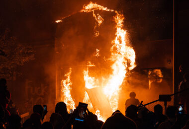 The Minneapolis Police 3rd Precinct on fire during the 3rd day of protests in Minneapolis following the death of George Floyd. The precinct was set ablaze after the Minneapolis Police abandoned the precinct following 3 days of protests.