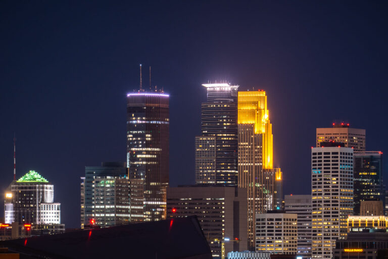 Minneapolis Skyline at night May 6 2020 2 The downtown Minneapolis skyline as seen on May 6, 2020.