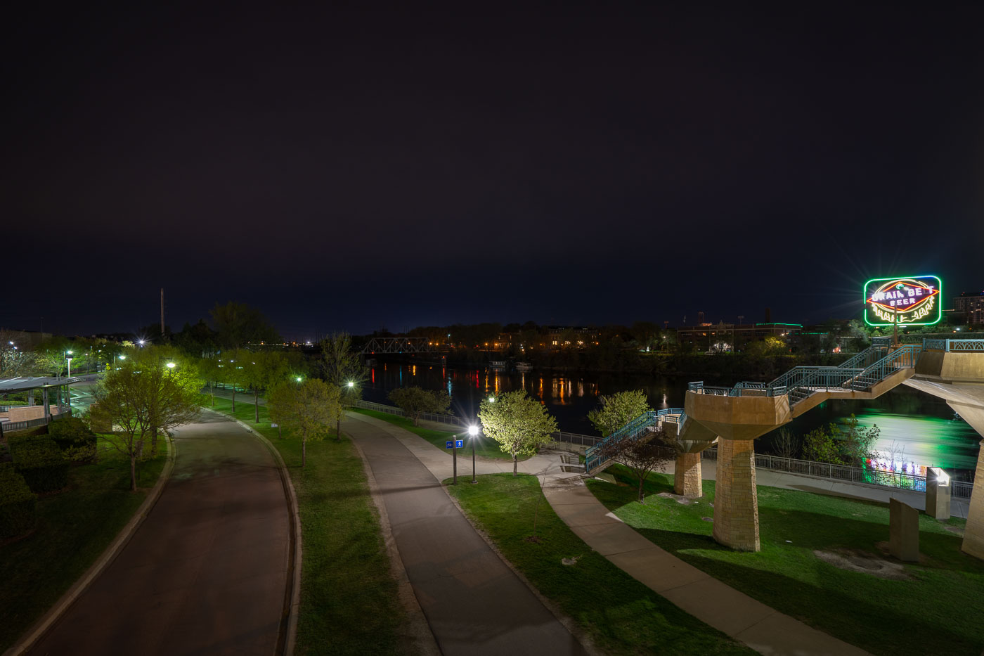 Mississippi River and Grain Belt neon sign at night