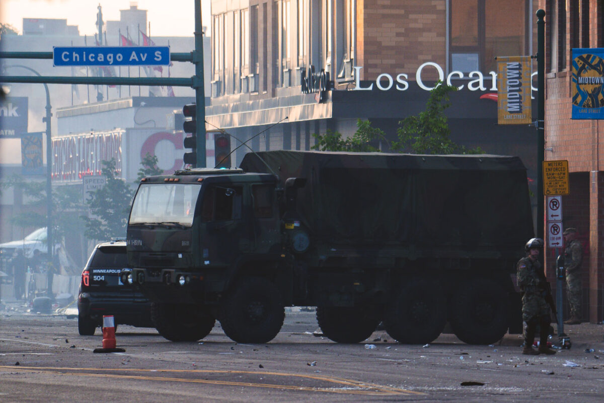 The Minnesota National Guard, Minneapolis Fire Department and Minneapolis Police on Lake Street and Chicago Avenue in South Minneapolis after nights of protest after the murder of George Floyd. May 2020.