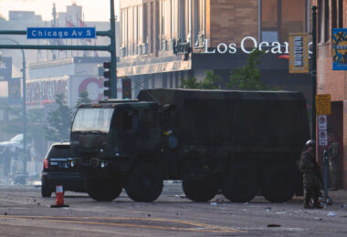 The Minnesota National Guard, Minneapolis Fire Department and Minneapolis Police on Lake Street and Chicago Avenue in South Minneapolis after nights of protest after the murder of George Floyd. May 2020.