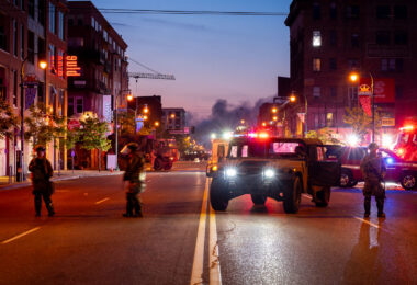 The Minnesota National Guard on Lake Street in Uptown Minneapolis on May 30, 2020 as the sunrises during the Minneapolis Uprising.