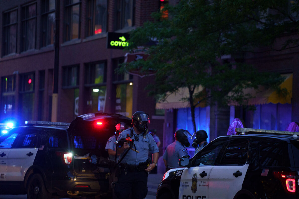 Minneapolis Police load up their less lethal weapons in Downtown Minneapolis during the 3rd day of protests in Minneapolis following the death of George Floyd.