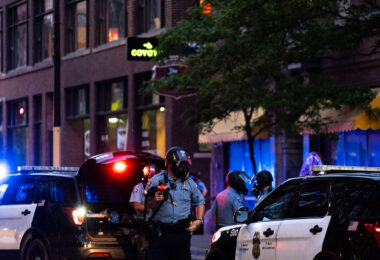Minneapolis Police load up their less lethal weapons in Downtown Minneapolis during the 3rd day of protests in Minneapolis following the death of George Floyd.
