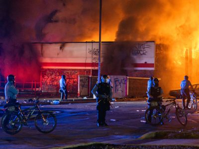 Minneapolis Police Outside Burning AutoZone, George Floyd Protests