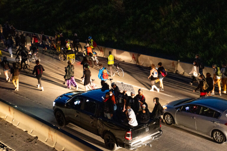 Protesters on I-94 on the 4th day of protests in Minneapolis 1 Protesters marching down I-94 on the 4th day of protests in Minneapolis following the death of George Floyd.