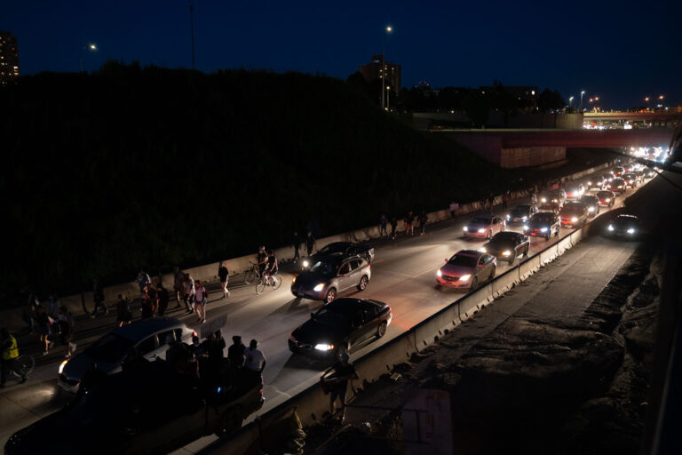 Protesters on I-94 on the 4th day of protests in Minneapolis 4 Protesters marching down I-94 on the 4th day of protests in Minneapolis following the death of George Floyd.