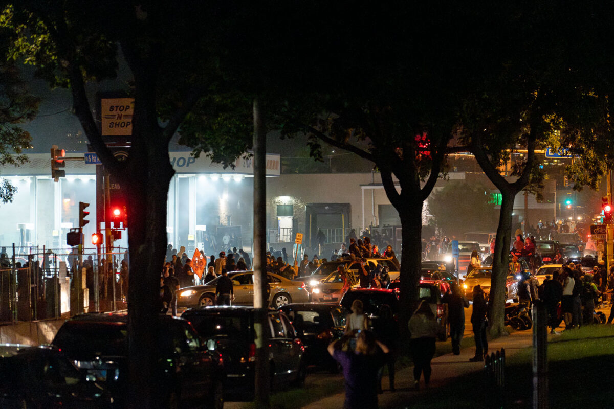 Protesters outside the Minneapolis Police 5th precinct after a march on the 4th day of protests in Minneapolis following the death of George Floyd.