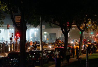 Protesters outside the Minneapolis Police 5th precinct after a march on the 4th day of protests in Minneapolis following the death of George Floyd.