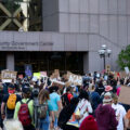 Protesters gather outside the Hennepin County Government Center in downtown Minneapolis on May 28, 2020.