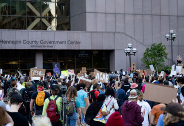 Protesters gather outside the Hennepin County Government Center in downtown Minneapolis on May 28, 2020.