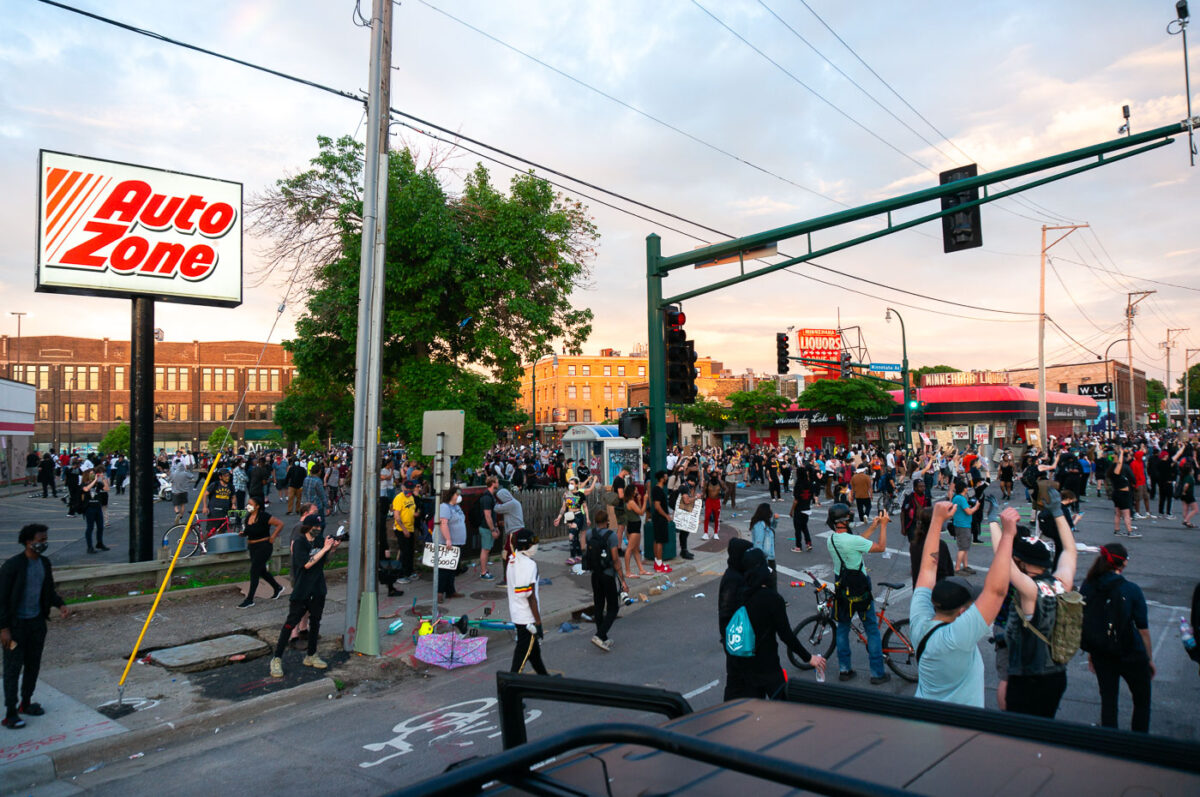 Protesters at Lake Street and Minnehaha Avenue across from the Minneapolis Police 3rd Precinct on the second day of protests following the death of George Floyd.