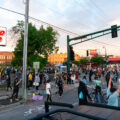 Protesters at Lake Street and Minnehaha Avenue across from the Minneapolis Police 3rd Precinct on the second day of protests following the death of George Floyd.