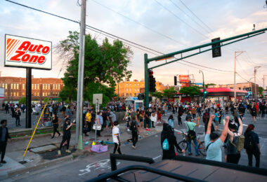 Protesters at Lake Street and Minnehaha Avenue across from the Minneapolis Police 3rd Precinct on the second day of protests following the death of George Floyd.