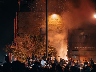 Protesters outside burning Minneapolis 3rd Precinct