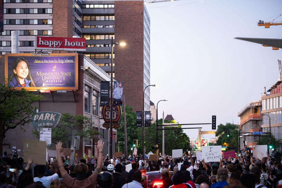 Protesters outside the Minneapolis Police 1st Precinct in downtown Minneapolis on the 3rd day of protests in Minneapolis following the death of George Floyd.