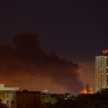 Smoke rising from Lake Street fires as seen from Downtown Minneapolis on May 30, 2020, the 4th day of protests in Minneapolis following the death of George Floyd.