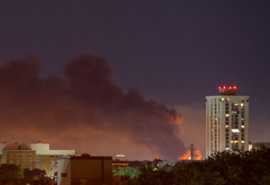 Smoke rising from Lake Street fires as seen from Downtown Minneapolis on May 30, 2020, the 4th day of protests in Minneapolis following the death of George Floyd.