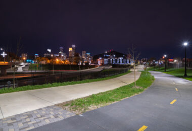 The Samatar Crossing shared use path near downtown Minneapolis. The path leads from Cedar Riverside to near US Bank Stadium.