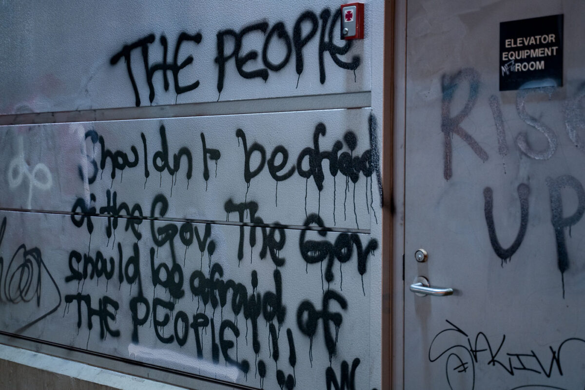 "The people shouldn't be afraid of the gov. The gov should be afraid of the people!!!" written on the Midtown train station.