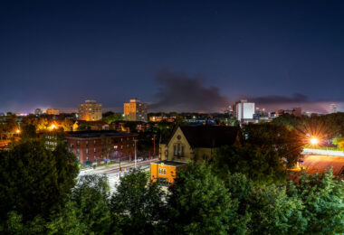 Smoke rising from Lake Street fires as seen from Downtown Minneapolis on May 30, 2020, the 4th day of protests in Minneapolis following the death of George Floyd.