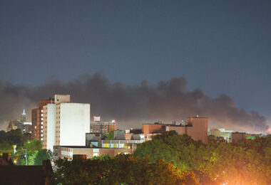 Smoke rising from Lake Street fires as seen from Downtown Minneapolis on May 30, 2020, the 4th day of protests in Minneapolis following the death of George Floyd.