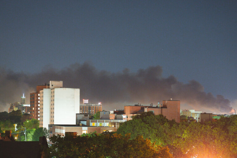 Lake Street smoke from Minneapolis Uprising fires 1 Smoke rising from Lake Street fires as seen from Downtown Minneapolis on May 30, 2020, the 4th day of protests in Minneapolis following the death of George Floyd.