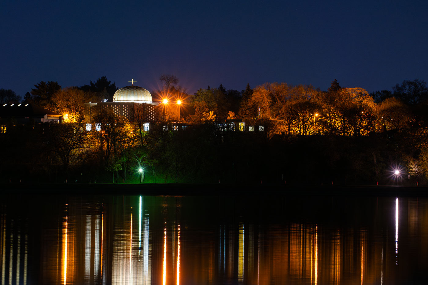 St. Mary's Greek Orthodox Church as seen from across Bde Maka Ska in Minneapolis.