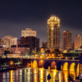 Smoke from North Minneapolis and the Stone Arch Bridge as seen from I-35W during the Minneapolis Uprising on the 4th day of protests in Minneapolis following the death of George Floyd.